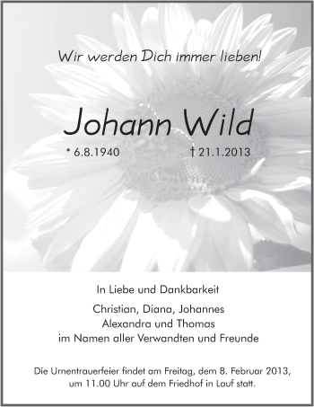 Traueranzeige von Johann Wild von Pegnitz-Zeitung